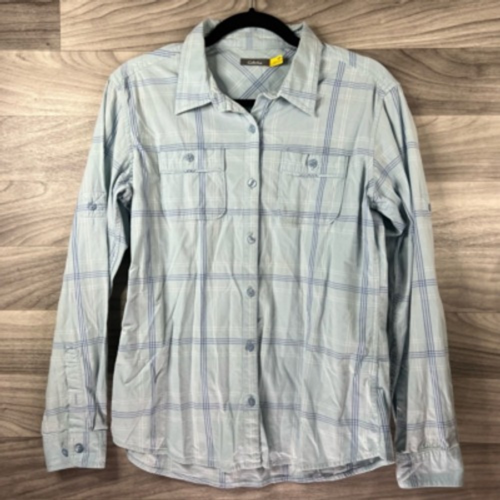 Cabelas Womens Button Up Shirt Blue Gray Plaid Long Sleeve‎ Collar Stretch S